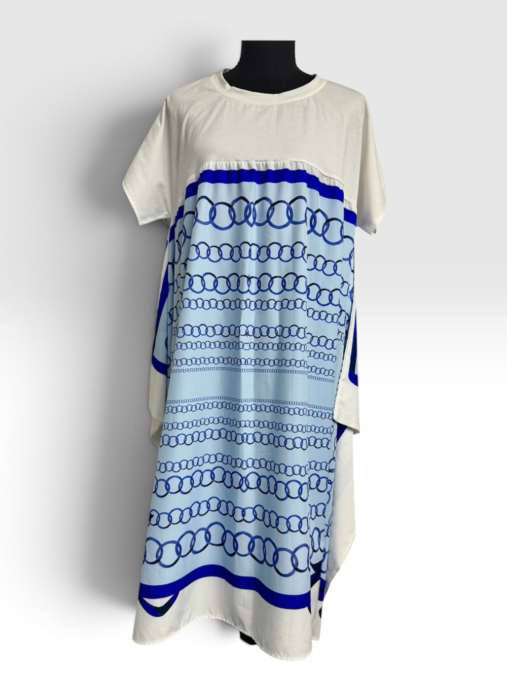 White Midi Dress with Blue Chain-Print